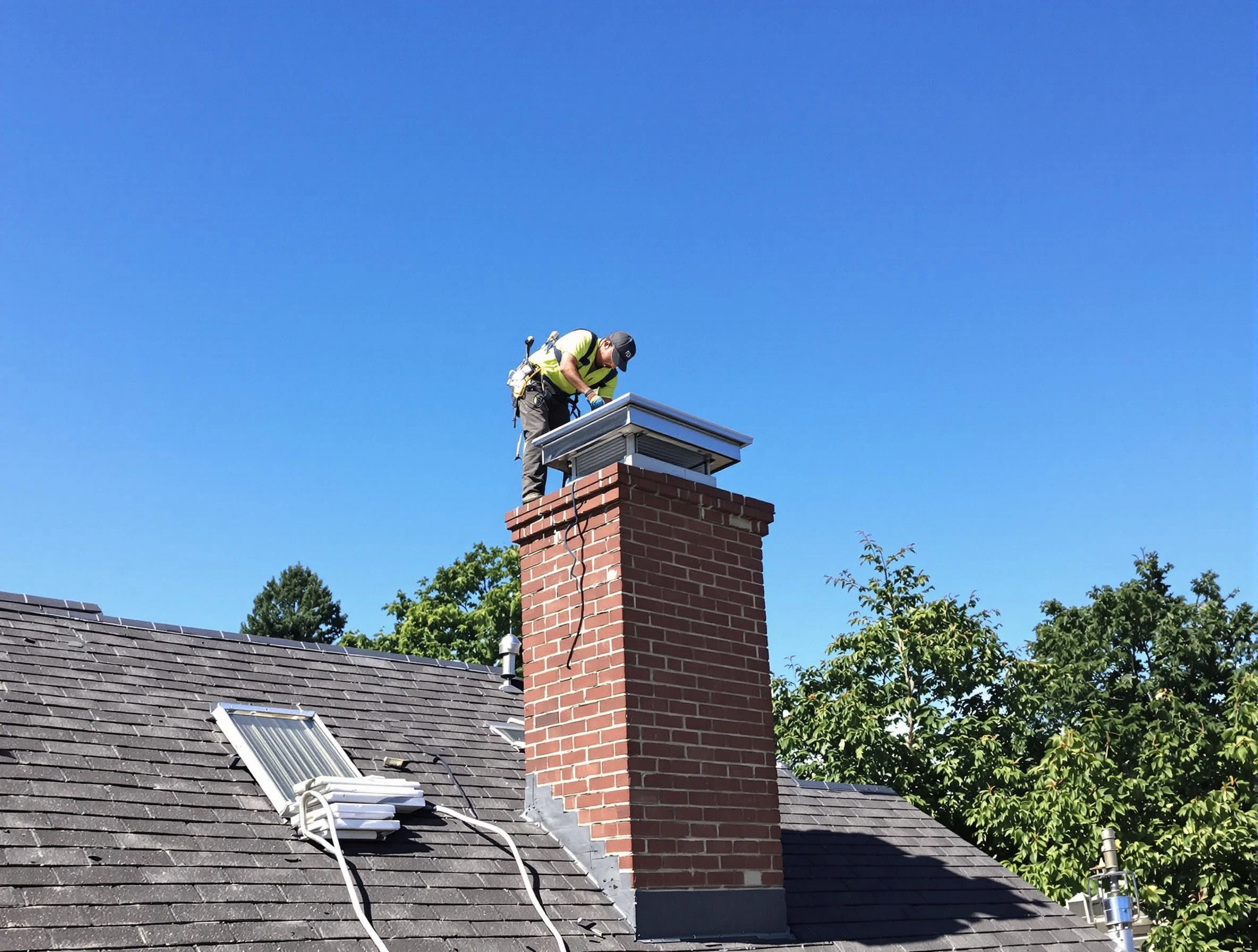 Fultondale Chimney Sweep technician measuring a chimney cap in Fultondale, AL