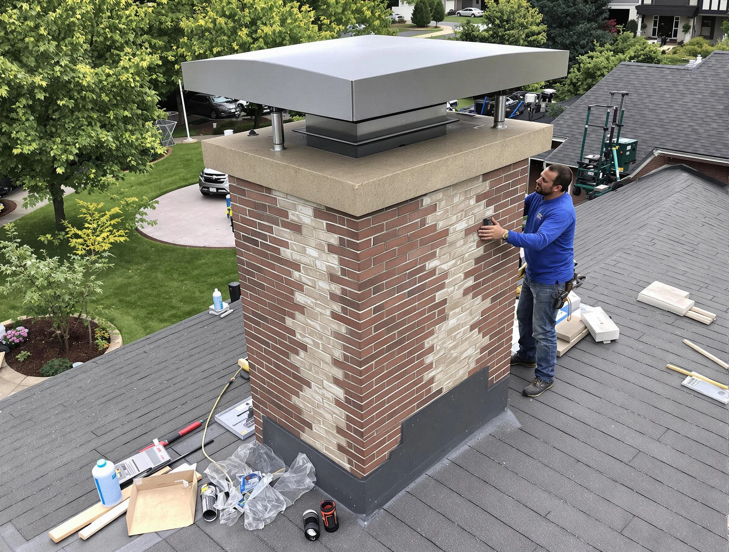 Fultondale Chimney Sweep team working on a custom chimney remodel in Fultondale, AL